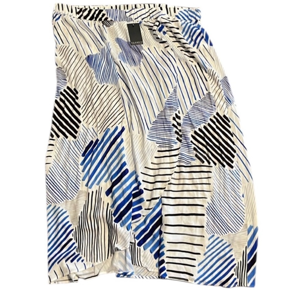 Eloquii striped plus sized pull-on faux wrap skirt in white, black & blue.